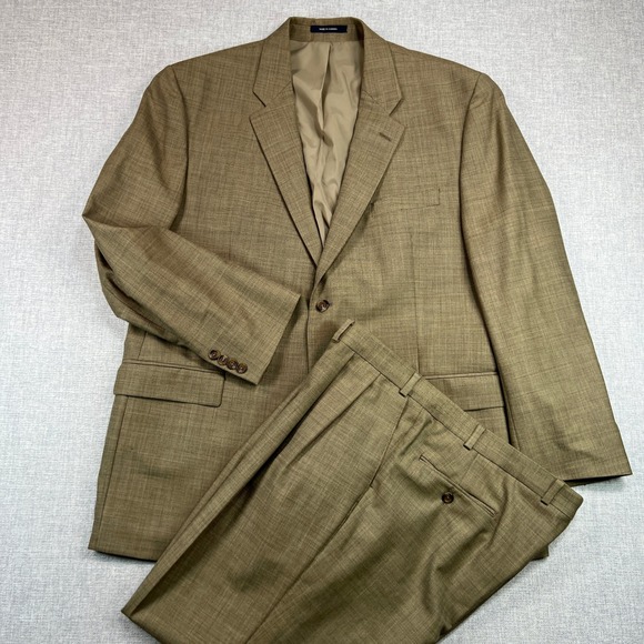 Ralph Lauren Men's 46R Tan Wool Micro-Check 2-Button Suit Pleated Pants Classic
